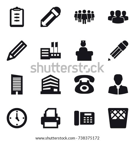 16 vector icon set : clipboard, pencil, team, group, store, skyscraper, watch, trash bin