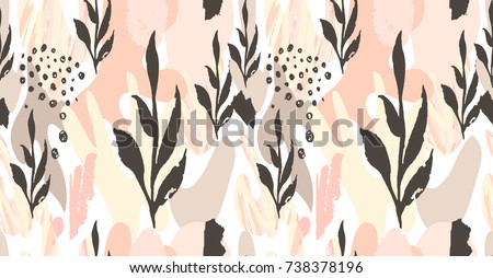 Abstract hand drawn header. Brushstrokes in pastel colors and tree branches. Horizontal seamless pattern.Vector. Covers, Flyers, banners, presentations, books, notebooks.