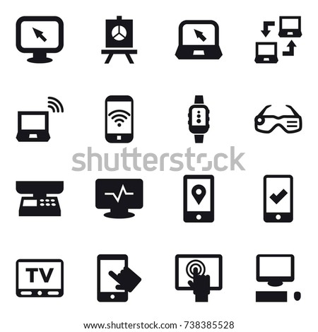 16 vector icon set : monitor arrow, presentation, notebook, notebook connect, notebook wireless, phone wireless, smartwatch, smart glasses, market scales, mobile checking, tv