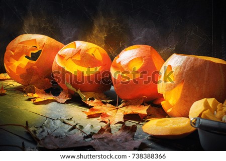 heads lantern pumpkins halloween mystery holiday country black planks background