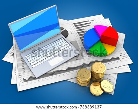 3d illustration of business charts and white laptop over blue background with pie chart