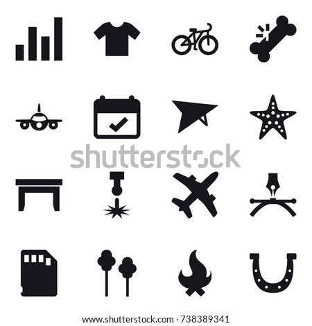 16 vector icon set : graph, t-shirt, bike, deltaplane, starfish, table, trees, fire, horseshoe