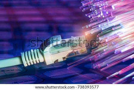 network cables closeup with fiber optical background Royalty-Free Stock Photo #738393577