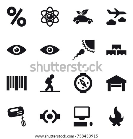 16 vector icon set : percent, atom, eco car, journey, block wall, tourist, compass, garage, mixer, fire