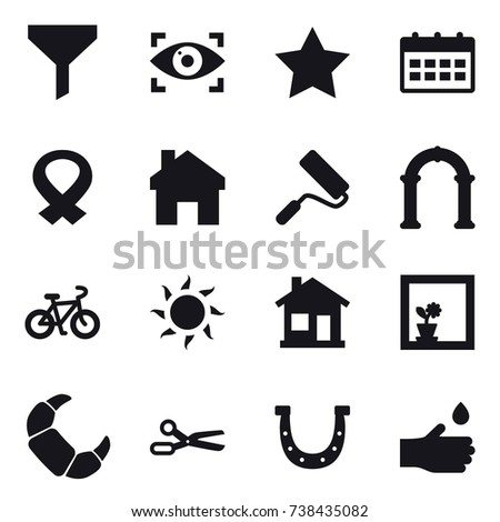 16 vector icon set : funnel, eye identity, star, calendar, home, repair, arch, bike, sun, flower in window, scissors, horseshoe, hand drop