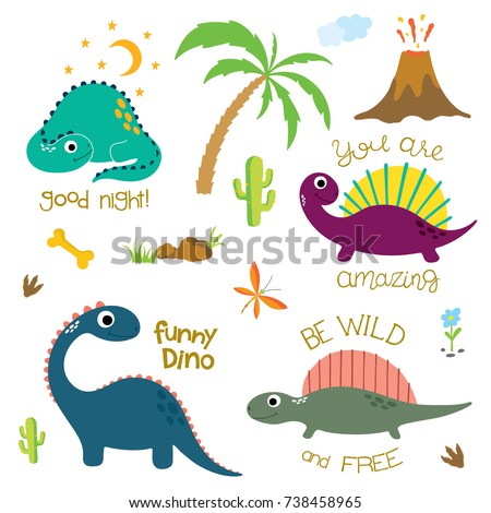 Cute vector dinosaurs isolated on white background. Dinosaur footprint, Volcano, Palm tree, Stones, Bone and Cactus.