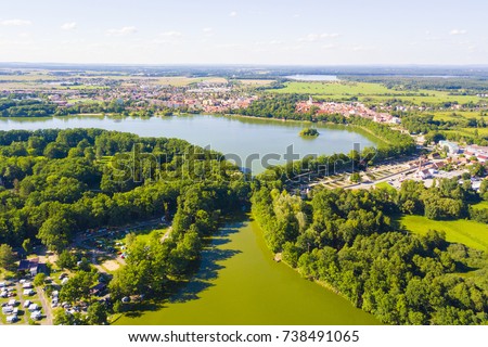 Aerial view of Opatovicky pond and Svet Pond in Trebon, South Bohemia, Czech republic, European union. Famous carp breeding lakes and tourist destination with many landmarks.