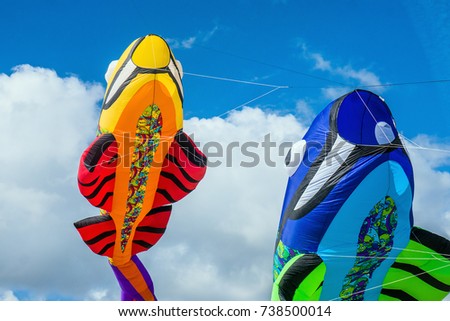 Fish-shaped colorful kites and blue cloudy sky