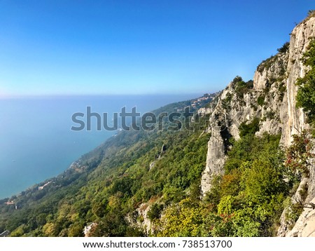 Wonderful view of Trieste 's landscape in Italy where the sea meets the mountains in a unique way. Royalty-Free Stock Photo #738513700