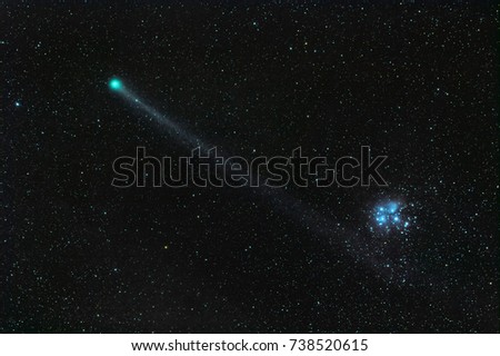 Comet and Nebula m45 with Galaxy,Open Cluster,Globular Cluster, stars and space dust in the universe and Milky way taken by CCD Camera on telescope. Royalty-Free Stock Photo #738520615