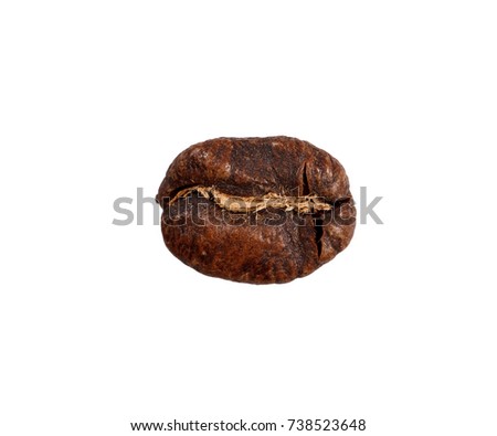 Single brown roasted coffee bean isolated over the white background