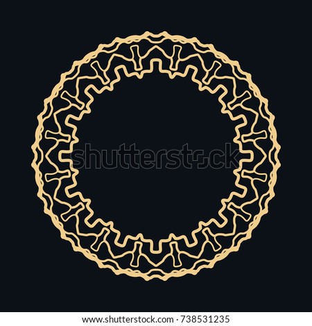 Golden round ornament, frame, border, line art icon. Vector linear floral geometric motif. Isolated design element for brochure, invitation card, logo, monogram, emblem. Gold and black background