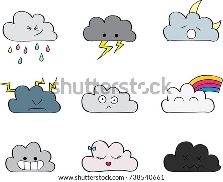 Clouds Kawaii Colored, Cute Faces, Expression, freehand, moon, rainbow, storm, lightning bolt, rain drops, girl bow, smile, mad, sleepy, funny, Illustration, doodles, feelings, happy, climate, weather