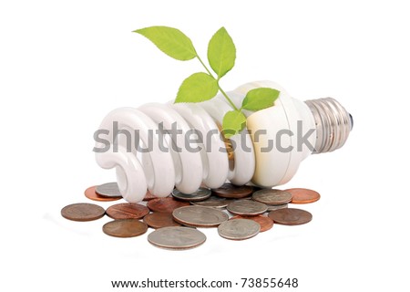Energy saving light bulb and money and plant on white Royalty-Free Stock Photo #73855648