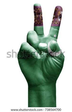 and making victory sign, Turkmenistan painted with flag as symbol of victory, win, success - isolated on white background