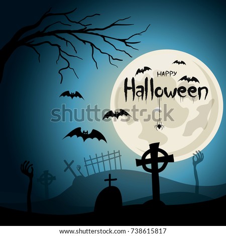 Halloween background. Graveyard with crosses and zombie hands at nigth.