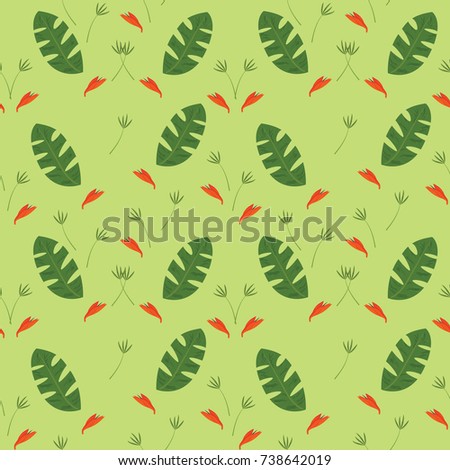 Seamless stylized leaf orange flower grass pattern background