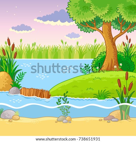 Vector illustration with a dam of beavers. Nature in the cartoon style.