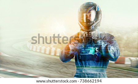 Kart crossing the finish line racer. helmet. effects Royalty-Free Stock Photo #738662194