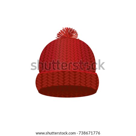 Red knitted winter cap, vector 