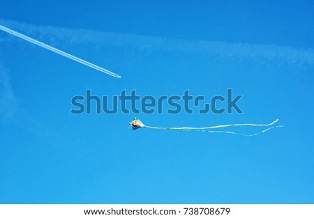 Flying colorful kite and airplane on the blue sky.