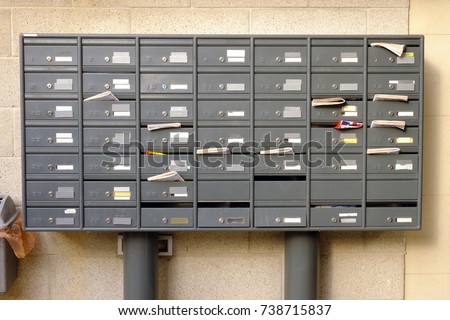 metal mailboxes in an apartment building Royalty-Free Stock Photo #738715837