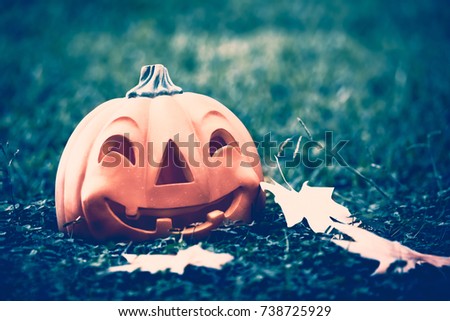 Vintage style photo of a pumpkin with carved scary face on the meadow in the forest at night, spooky night time, happy Halloween holiday