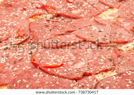 Hot sliced delicious homemade pepperoni italian pizza with salami mozzarella cheese and tomato sauce. Traditional fast food dish concept  background. Detailed close up studio shot