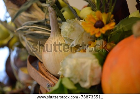 An autumn collage of a harvest of vegetables such as onions, pumpkin and apples with yellow and white flowers in a basket and the foreground and background are soft focused.  