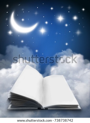 Dark night sky with shining stars and moon decorated with clouds and open book
