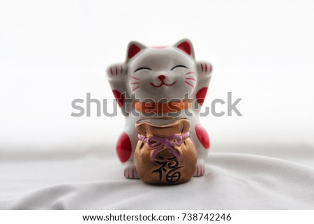 in the middle cute funny happy Chinese lucky cat with money bag on white curtain background 