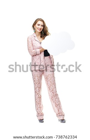 Young beautiful woman holding a blank sheet of paper, isolated on white background