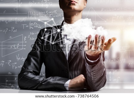 Businessman in suit keeping cloud with network connections in hands with office view on background. 3D rendering.