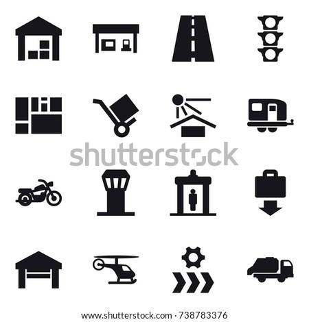 16 vector icon set : warehouse, gas station, trailer, motorcycle, airport tower, detector, baggage get, garage, trash truck