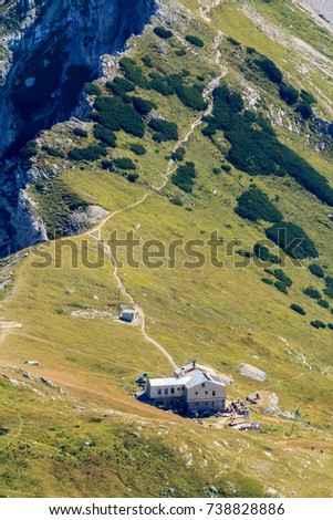 Mountain hut on a mountain pass, Slovenian Alps
