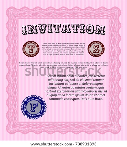 Pink Retro invitation. Elegant design. Detailed. With great quality guilloche pattern. 