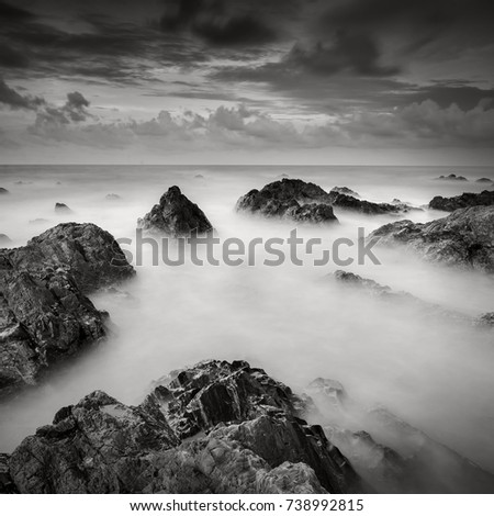 seascape rocky beach,in black and white during sunset , A slow shutter speed was used to see the movement Soft focus due to long exposure shot