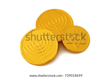 Image of jewish holiday Hanukkah with gold chocolate coins isolated on white. Royalty-Free Stock Photo #739018699