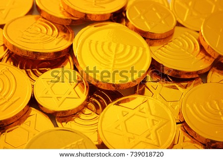 Image of jewish holiday Hanukkah with gold chocolate coins.