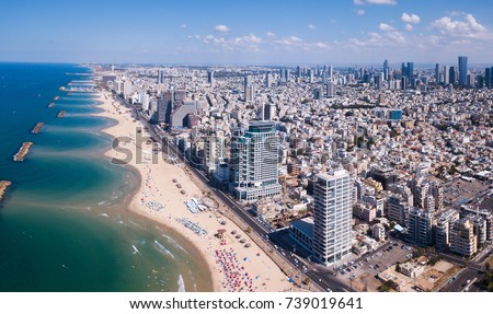 Tel Aviv skyline off the shore of the Mediterranean sea - Panoramic aerial image
 Royalty-Free Stock Photo #739019641
