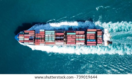 Large container ship at sea - Top down Aerial image Royalty-Free Stock Photo #739019644