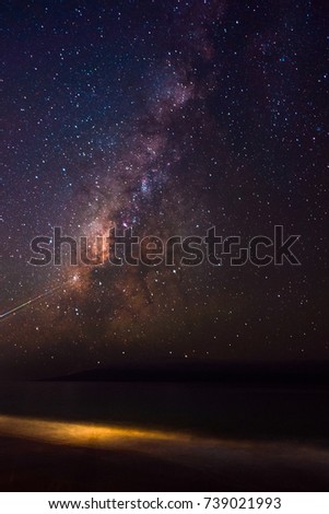 view of the beach with milky way and stars , galaxy, night sky 