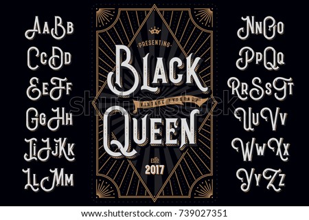 Decorative typeface named "Black Queen" with extruded lines effect and vintage label template
