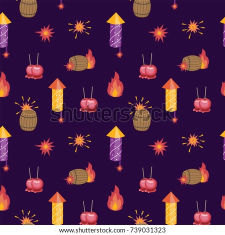 Bonfire night pattern contains the following elements: barrel of gunpowder, bonfire, firecrackers, toffee apples on the purple background Royalty-Free Stock Photo #739031323
