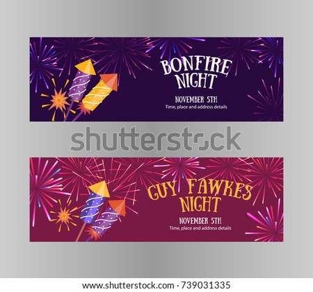 Bonfire night (Guy Fawkes day) flayers contains firecrackers, fireworks and text block on the purple background Royalty-Free Stock Photo #739031335