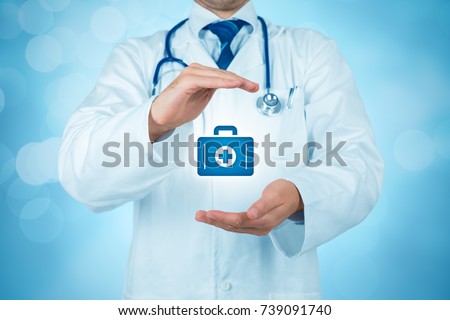 Health (medical) insurance concept. Doctor with protective gesture and icon of nurse briefcase.