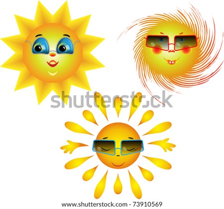 Amusing images of the sun with sun glasses on a white background