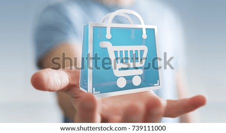 Businessman on blurred background using digital shopping icons 