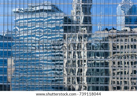 Glass building reflection, city background.