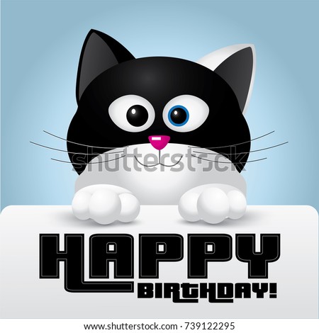 Happy birthday greeting card held by a cute black and white cat - vector illustration
